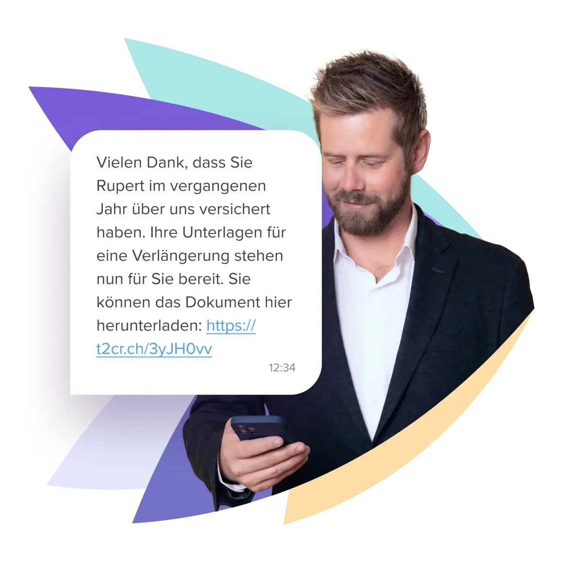 Mann im Anzug betrachtet Nachricht &uuml;ber bereitstehende Versicherungsunterlagen auf seinem Smartphone.