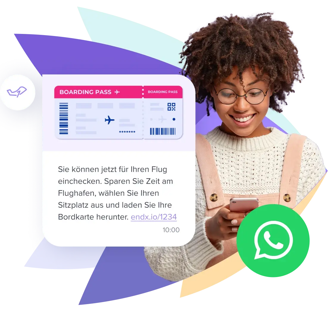 Frau mit Smartphone erh&auml;lt digitale Bordkarte und Check-in-Nachricht &uuml;ber WhatsApp.