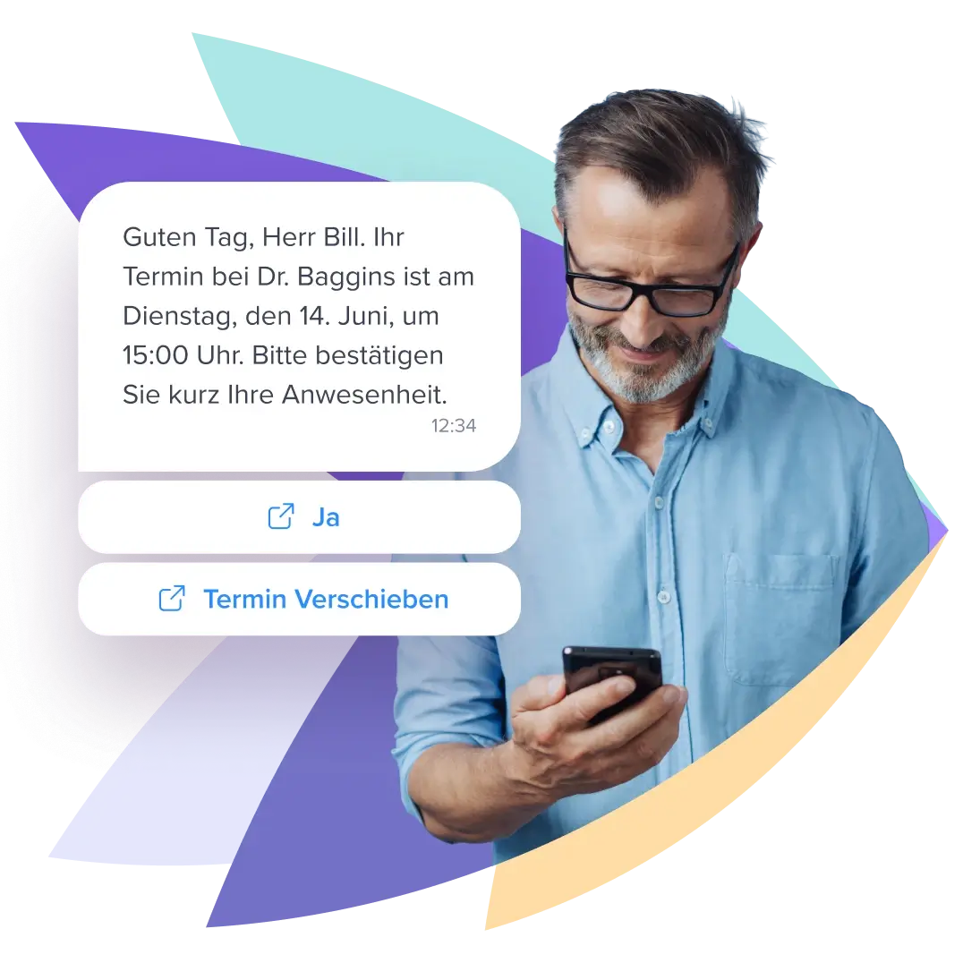 Mann mit Smartphone erh&auml;lt Terminerinnerung mit Optionen zum Best&auml;tigen oder Verschieben.