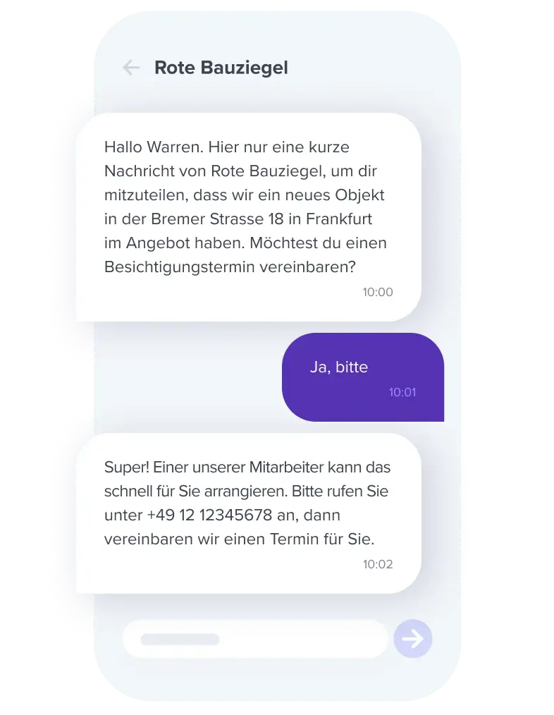 Smartphone-Chat mit automatisierten Nachrichten zur Terminvereinbarung f&uuml;r eine Immobilienbesichtigung.