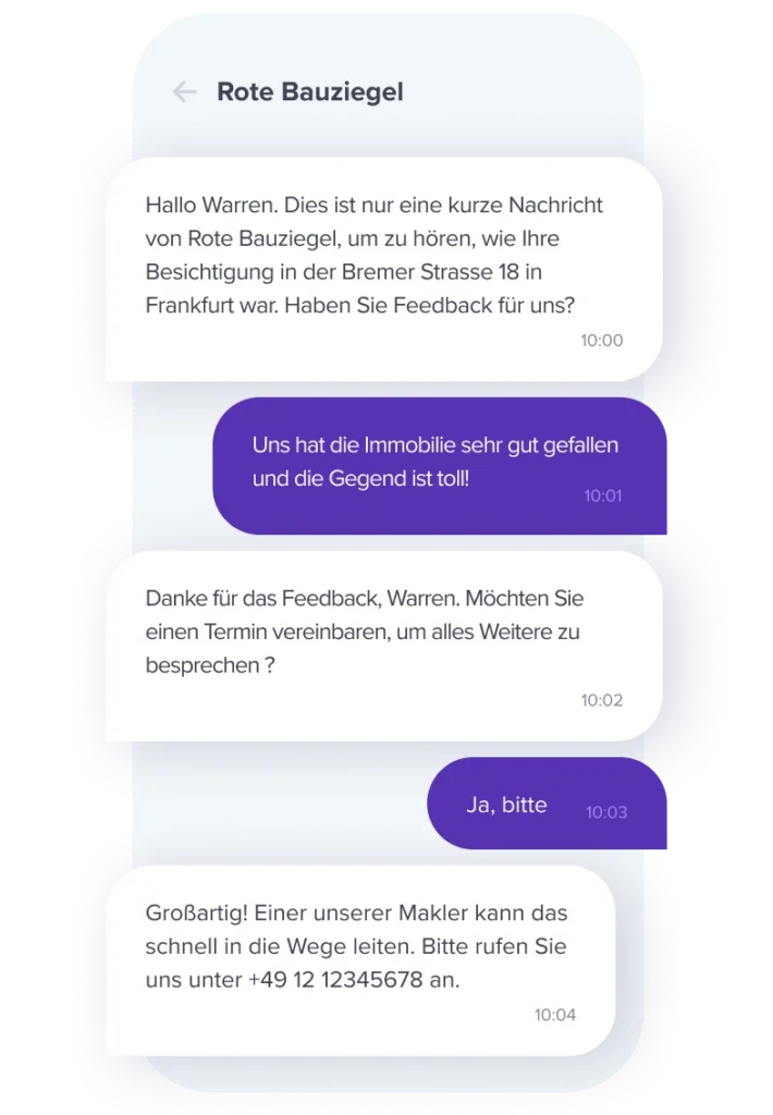 Smartphone-Chat mit Feedback zu einer Immobilienbesichtigung und anschlie&szlig;ender Terminvereinbarung.