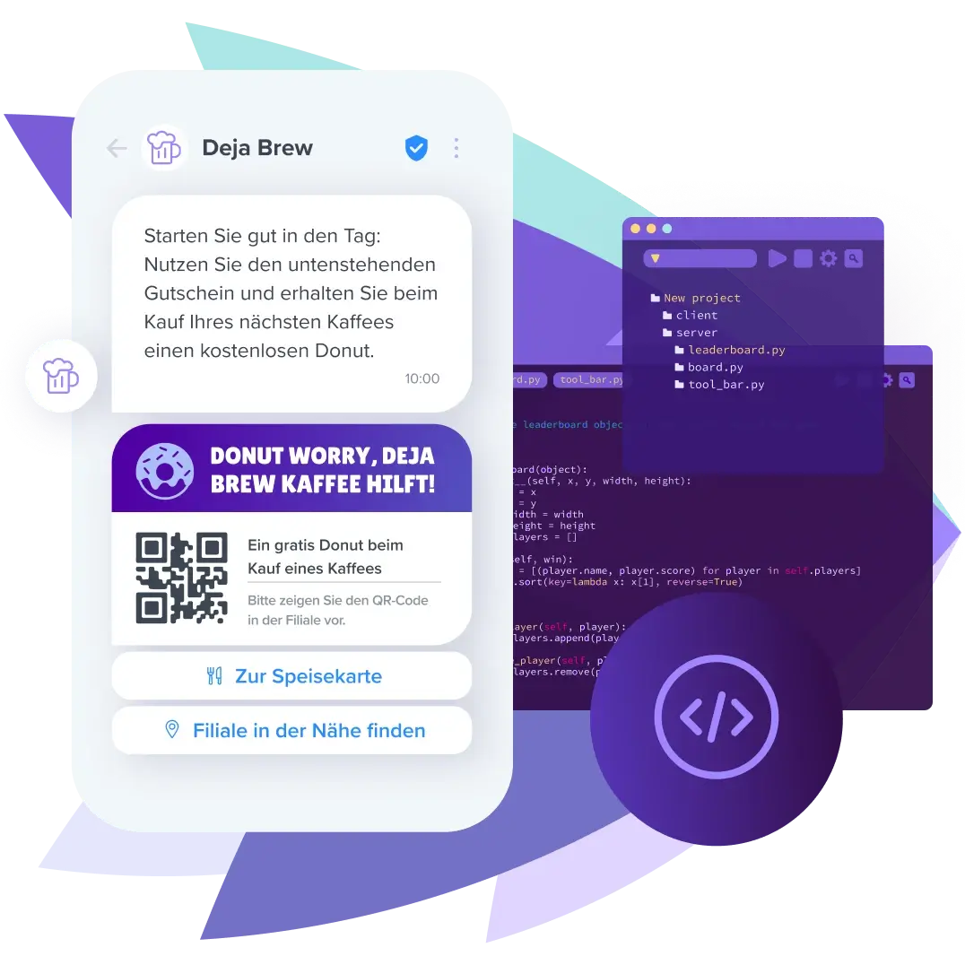 Rich Messaging Nachricht (RCS API) auf Smartphone mit QR-Code mit Codefenstern im Hintergrund.