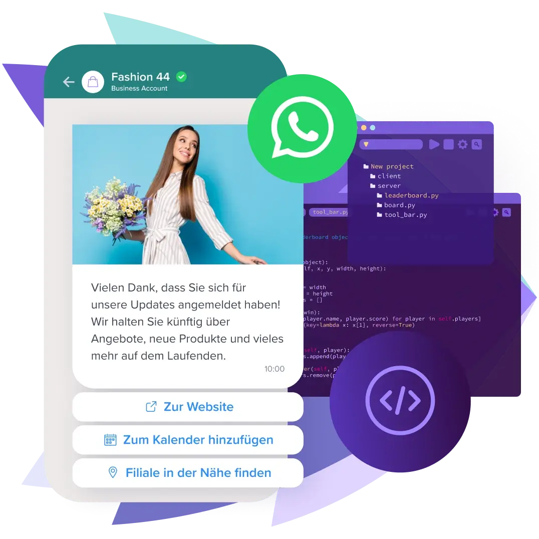 Nachricht &uuml;ber WhatsApp Business API mit CTAs und Codefenster im Hintergrund.