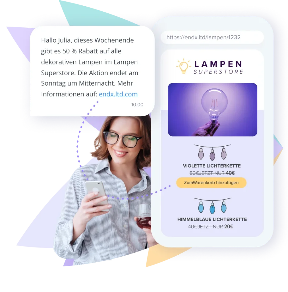 SMS-Landingpage zeigt Angebot f&uuml;r Lampen mit reduzierten Preisen und Warenkorb-Button.