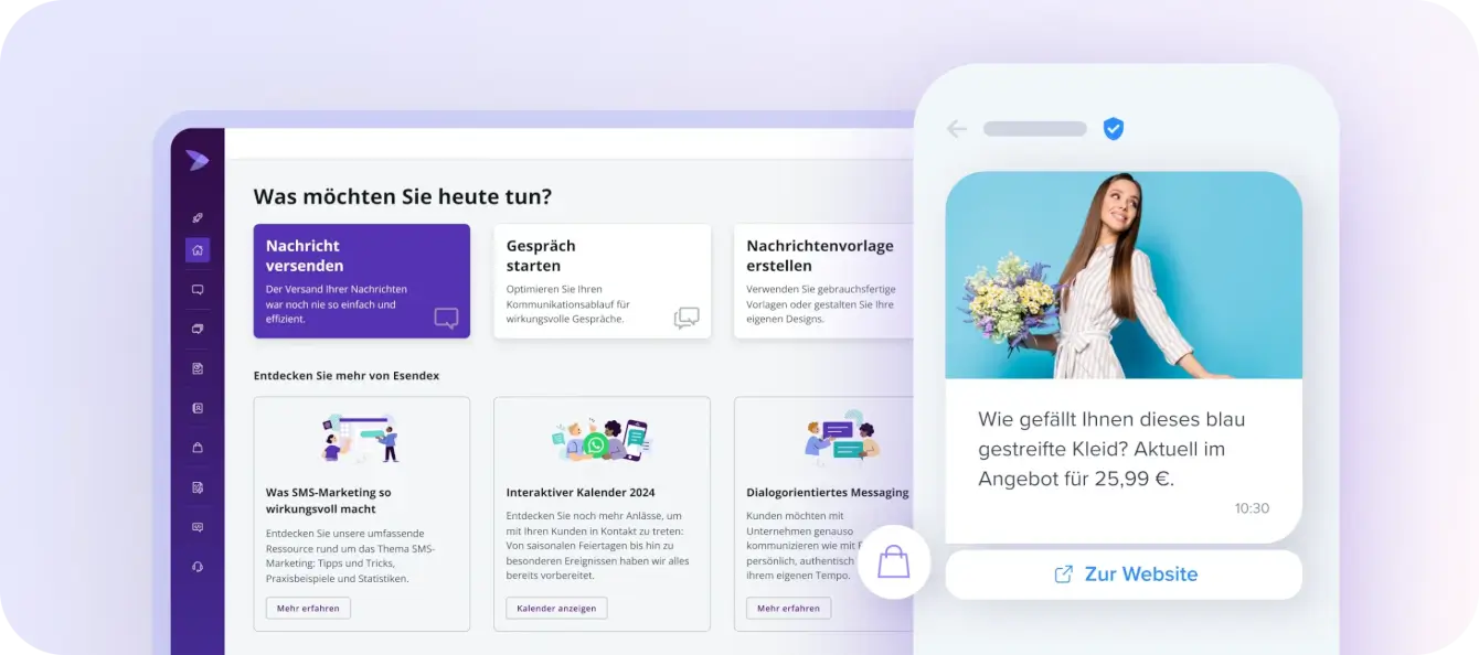 Dashboard Kommunikationsplattform zum Nachrichtenversand neben Beispielnachricht.