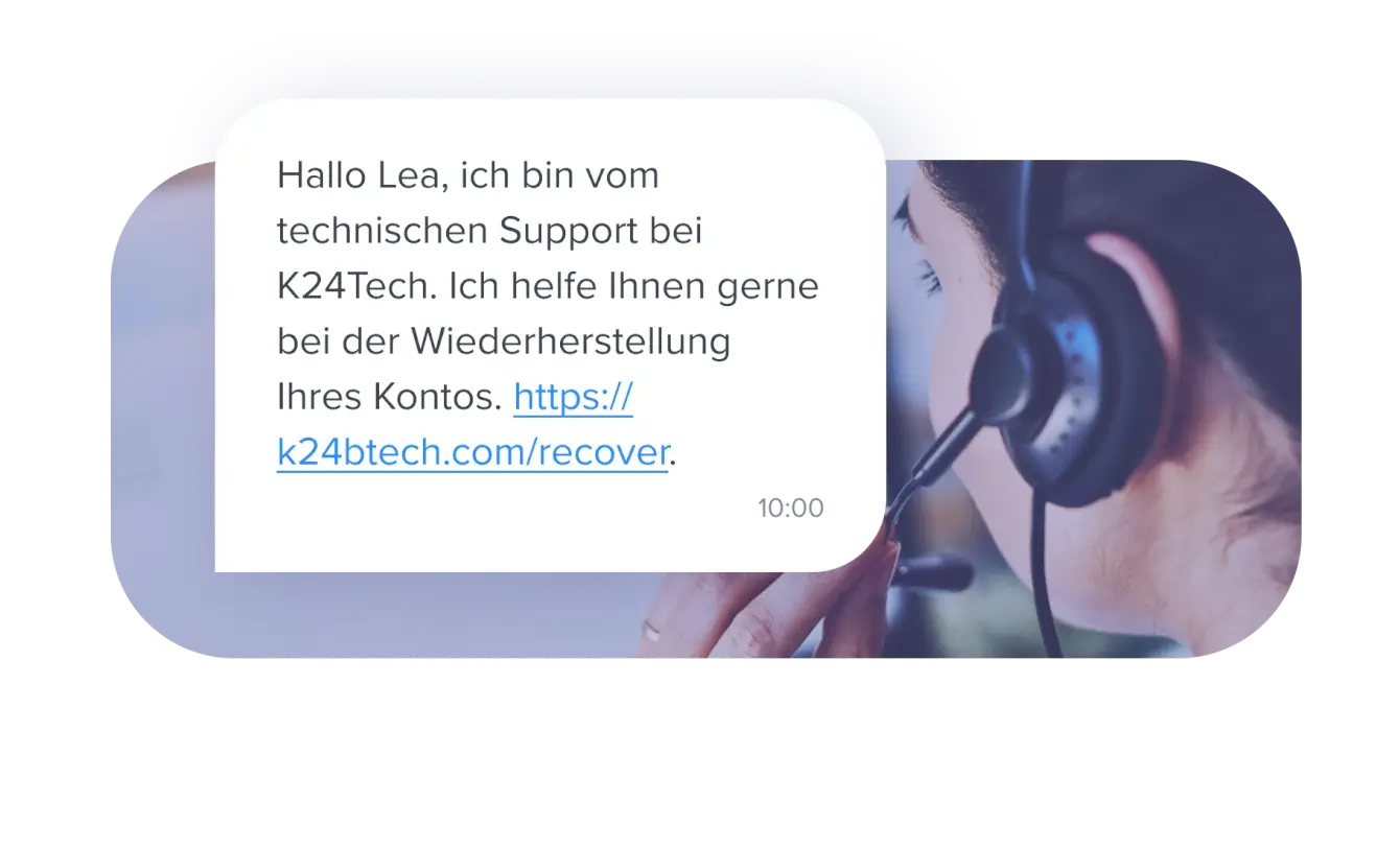 Technische Supportnachricht zur Kontowiederherstellung neben Person mit Headset.