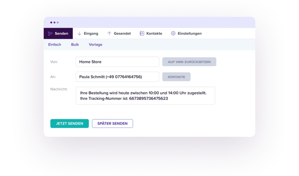Versandportal für Massen-SMS mit Lieferzeit, Trackingnummer und Empfängerangaben.