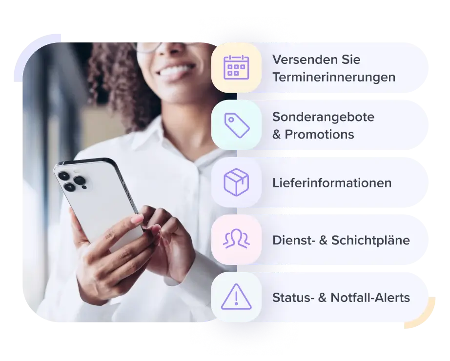 Frau mit Smartphone neben Einsatzbeispielen f&uuml;r Online SMS. 