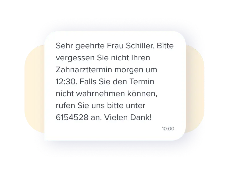 SMS-Erinnerung an einen Zahnarzttermin mit Uhrzeit und Telefonnummer f&uuml;r Termin&auml;nderungen.