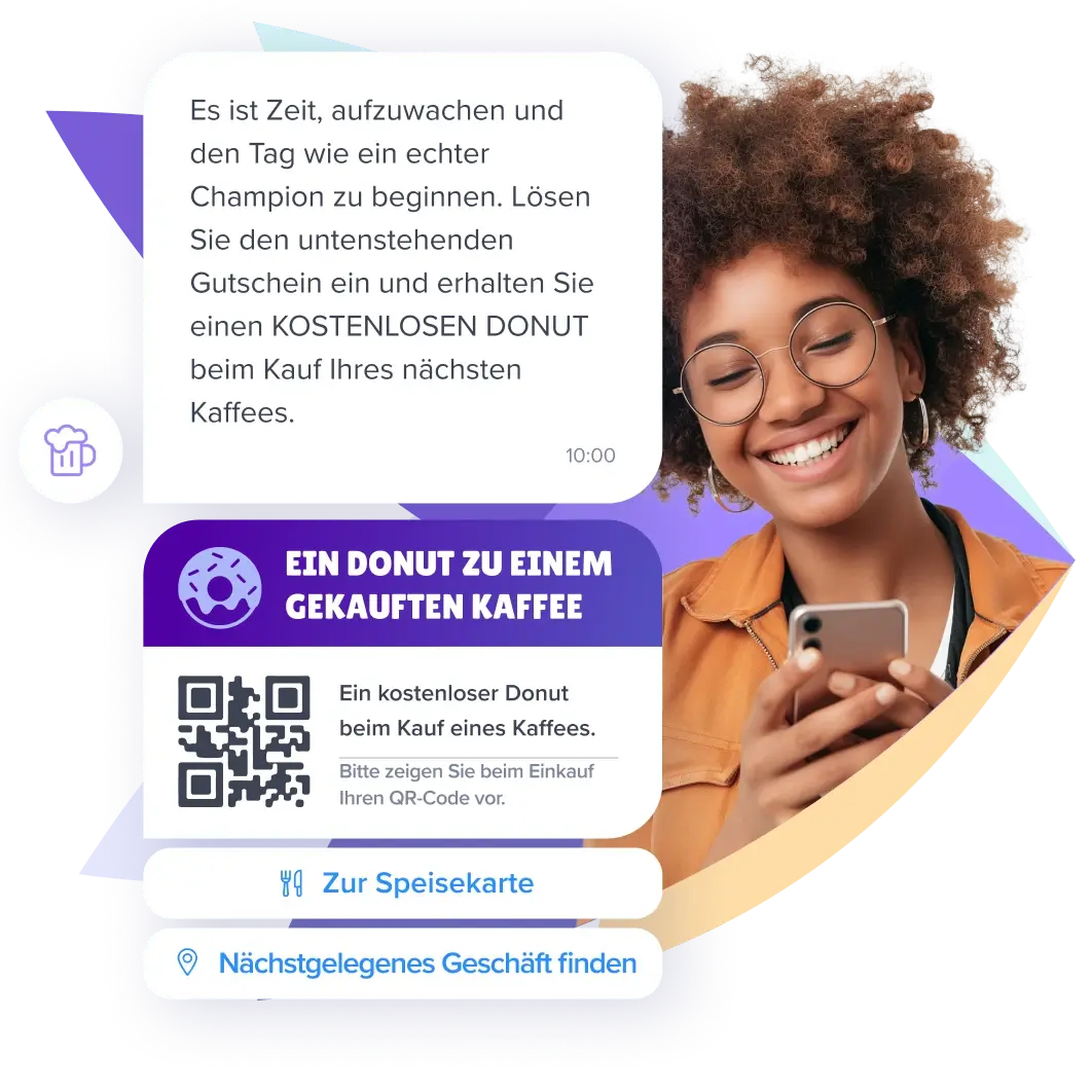 Beispiel f&uuml;r SMS-Marketing: Frau erh&auml;lt Gutschein f&uuml;r kostenlosen Donut auf ihrem Smartphone.